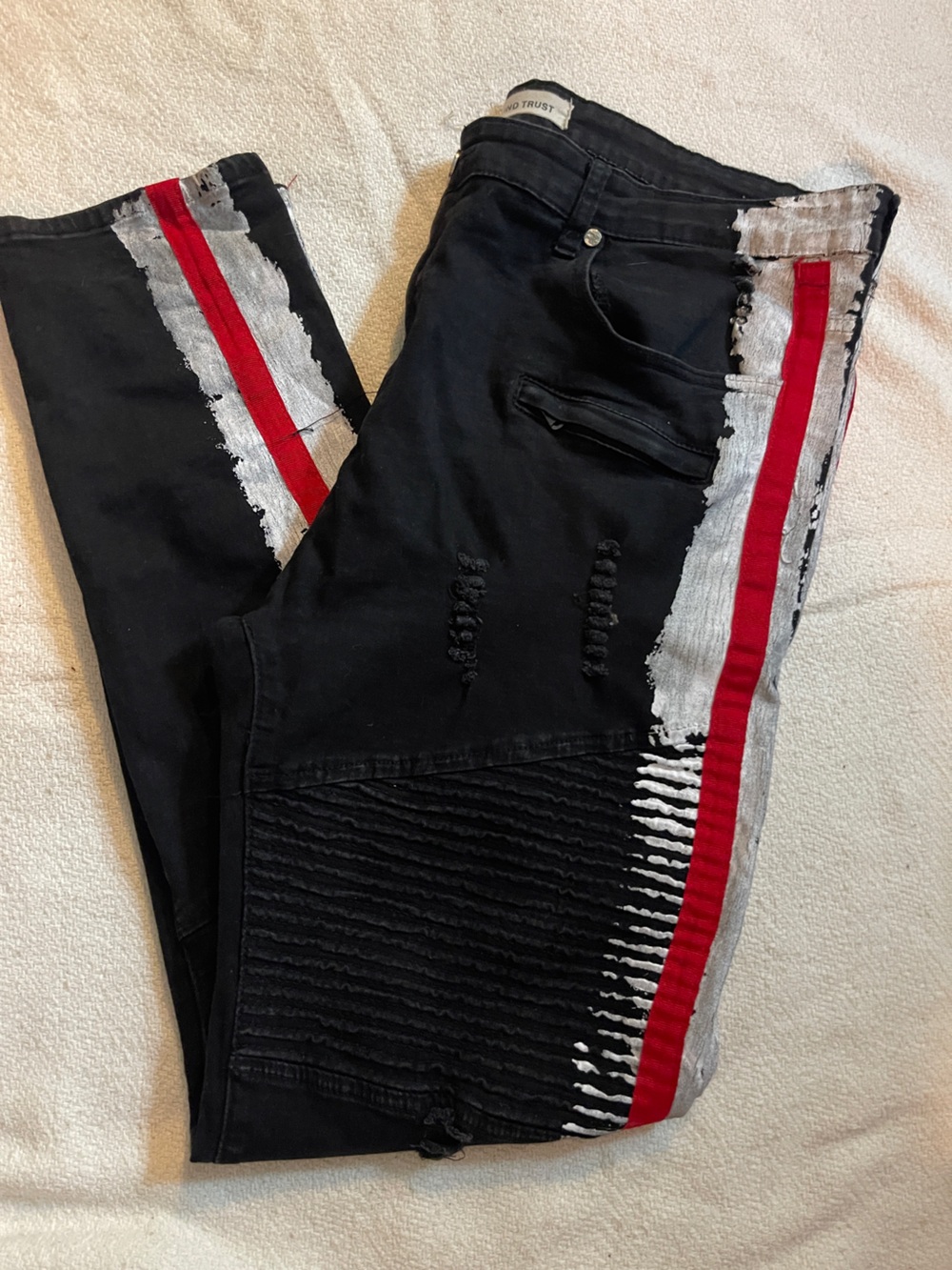 Black Distressed Jeans with Red & White Stripe